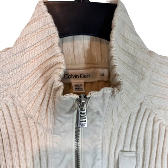 Calvin‎ Klein Cardigan L Womens Cream Full Zip Mock Neck Ribbed Sweater Sz Large - Picture 7 of 9